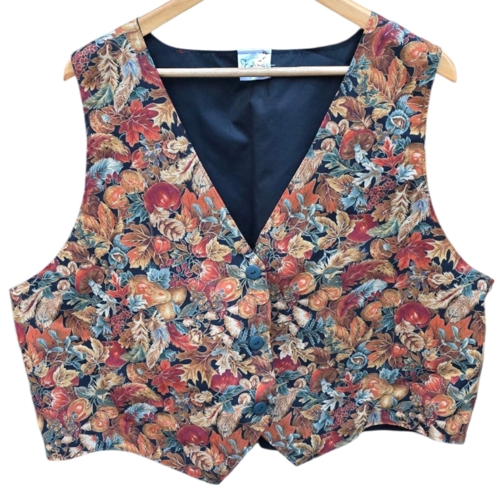 Vintage Crafty Cats Autumn Mushroom Fall Leaf Whimsigoth Oversized Vest